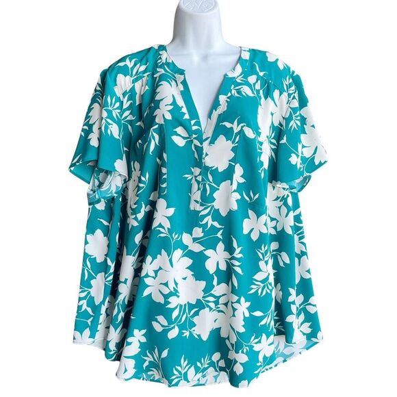 Torrid Harper Blouse Woman Plus 3X Studio Crepe Flounce Sleeve Emma Floral Green - Picture 2 of 4